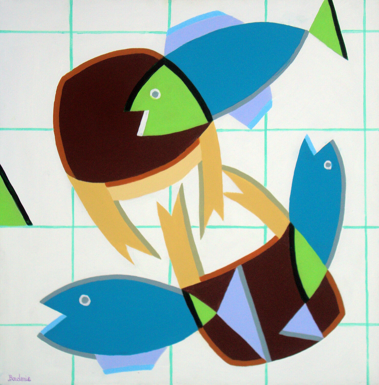 Les trois poissons et les deux crabes Jean-Pierre Borderie Dipinto originale in vendita