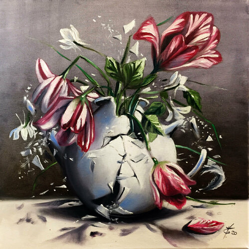Red striped tulips par Zoe Chigi (Valentina Toma'), Peinture en vente sur Singulart