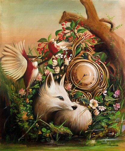 Between red berries and clover par Zoe Chigi (Valentina Toma'), Peinture en vente sur Singulart
