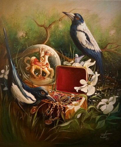The Magpie's treasure par Zoe Chigi (Valentina Toma'), Peinture en vente sur Singulart