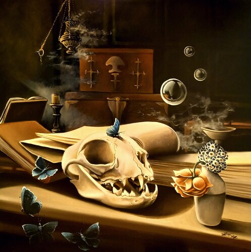 Vanitas blue butterflies par Zoe Chigi (Valentina Toma'), Peinture en vente sur Singulart