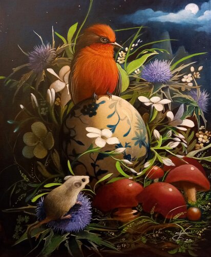 Red bird among wild flower par Zoe Chigi (Valentina Toma'), Peinture en vente sur Singulart