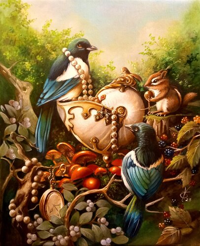 The magpies treasure II par Zoe Chigi (Valentina Toma'), Peinture en vente sur Singulart