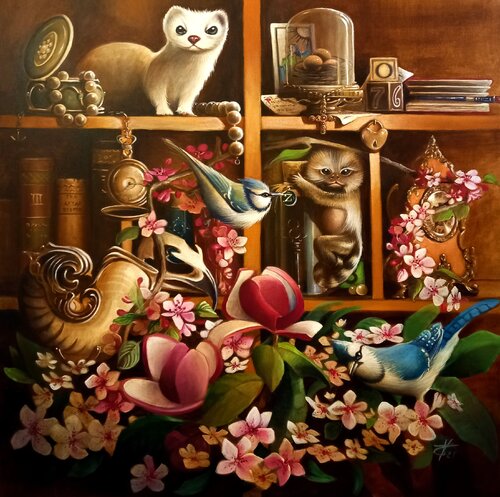 Collection of an eccentric in a room full of flowers par Zoe Chigi (Valentina Toma'), Peinture en vente sur Singulart