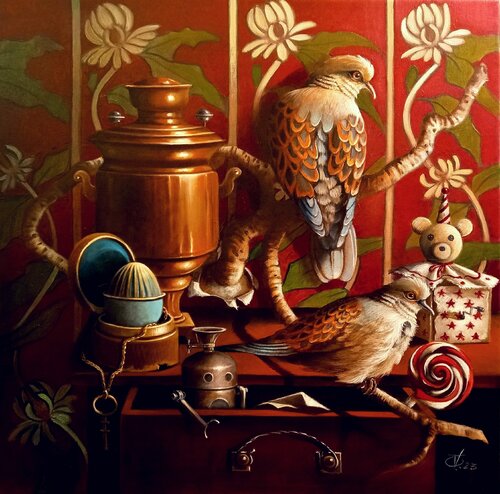 The tiny robot in the drawer par Zoe Chigi (Valentina Toma'), Peinture en vente sur Singulart