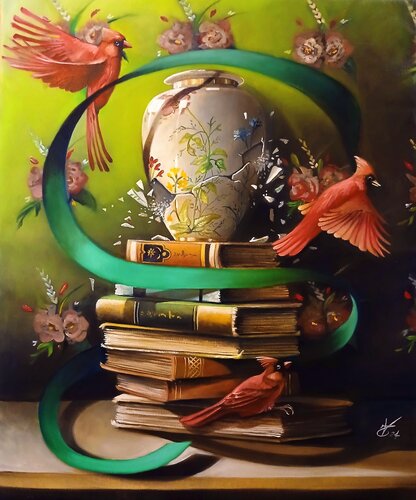The cardinal's books par Zoe Chigi (Valentina Toma'), Peinture en vente sur Singulart