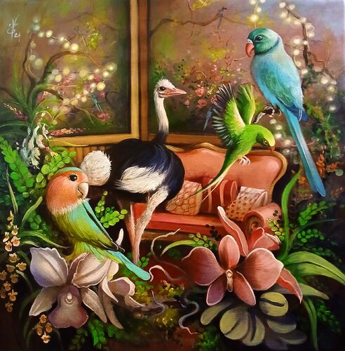 The party hall in the jungle par Zoe Chigi (Valentina Toma'), Peinture en vente sur Singulart