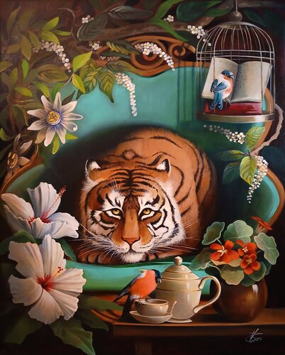 Reading cage par Zoe Chigi (Valentina Toma'), Peinture en vente sur Singulart