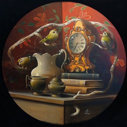 3 green birds par Zoe Chigi (Valentina Toma'), Peinture en vente sur Singulart