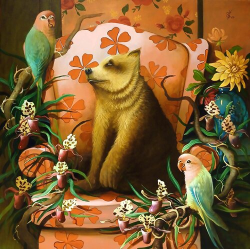 The 70's armchair with large orange flowers par Zoe Chigi (Valentina Toma'), Peinture en vente sur Singulart