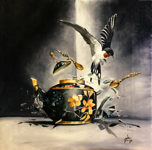 Dinosaurs at breakfast par Zoe Chigi (Valentina Toma'), Peinture en vente sur Singulart