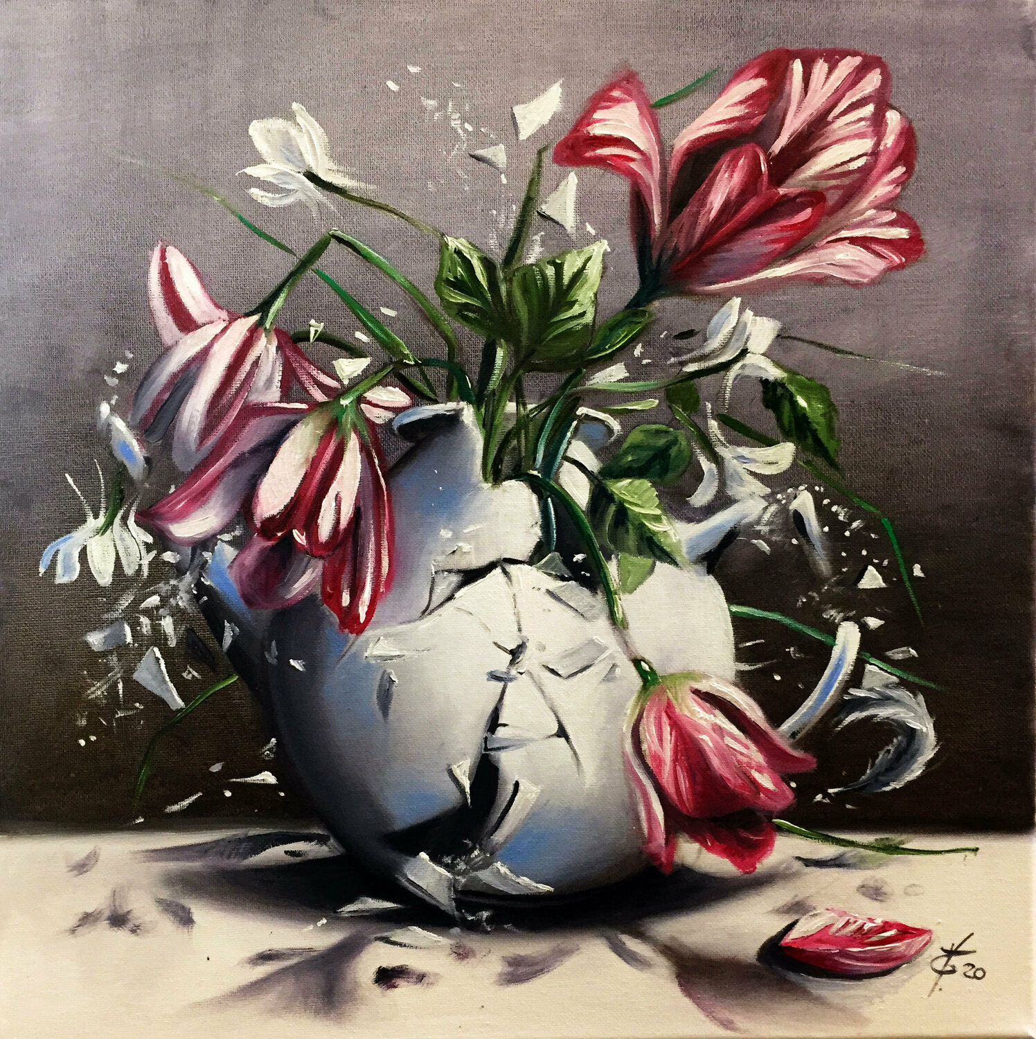 Red striped tulips Zoe Chigi (Valentina Toma') Origineel schilderij te koop