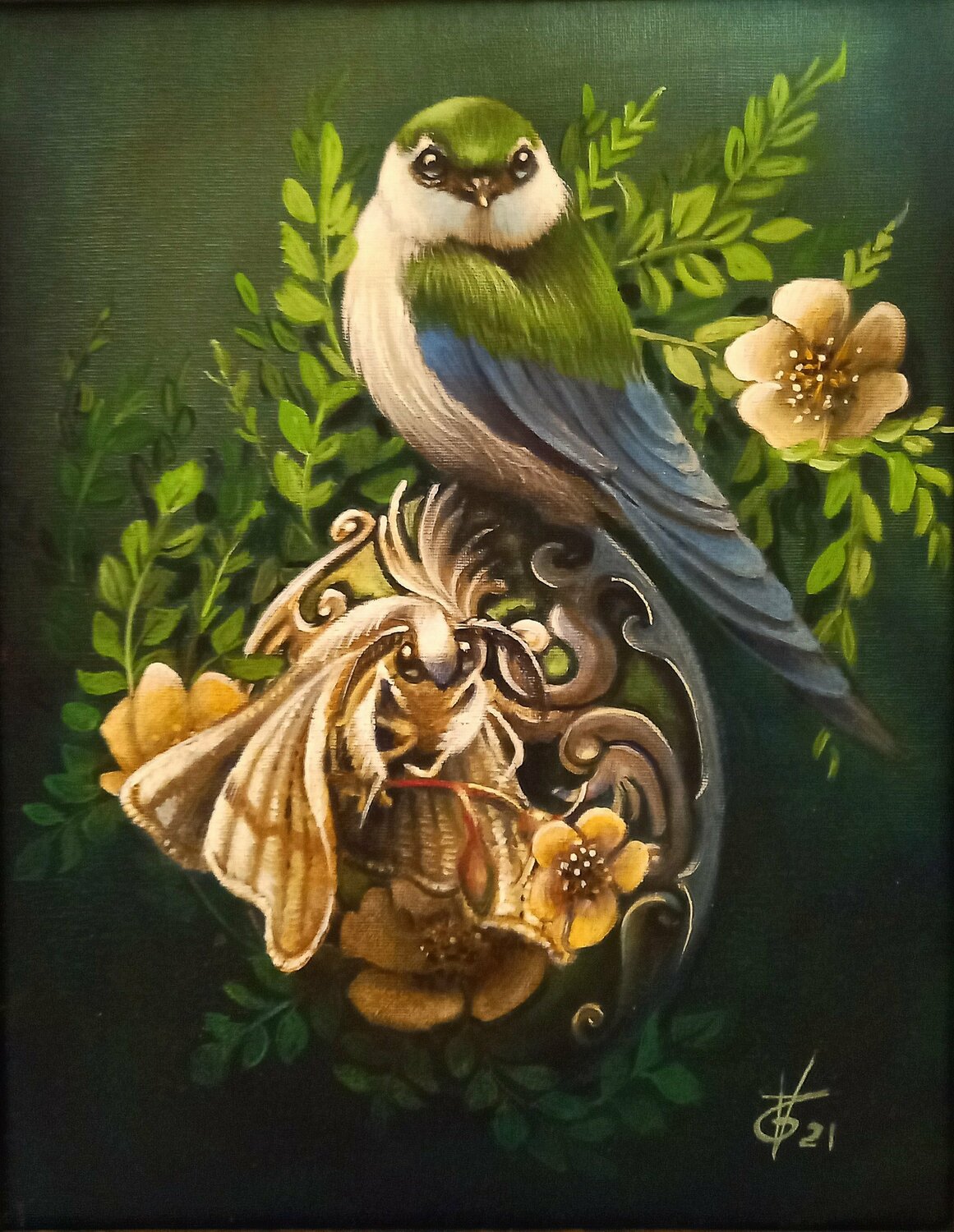 Green violette swallow Zoe Chigi (Valentina Toma') Origineel schilderij te koop