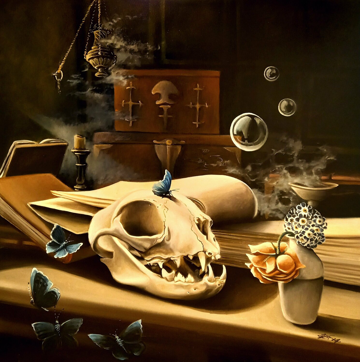 Vanitas blue butterflies Zoe Chigi (Valentina Toma') Dipinto originale in vendita