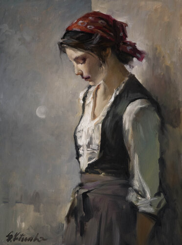 Portrait of a girl and the moon di Sergei Yatsenko, Pittura in vendita su Singulart