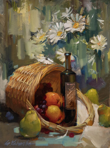 daisies, pears and a basket di Sergei Yatsenko, Pittura in vendita su Singulart