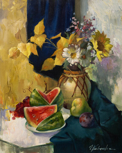 Watermelon, plum and daisies di Sergei Yatsenko, Pittura in vendita su Singulart
