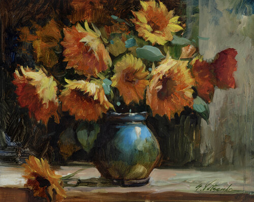Flowers in a Blue Vase di Sergei Yatsenko, Pittura in vendita su Singulart