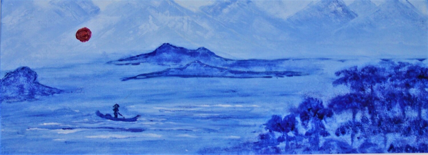 Japanese landscape in blue.! Ans Duin Pintura original en venta