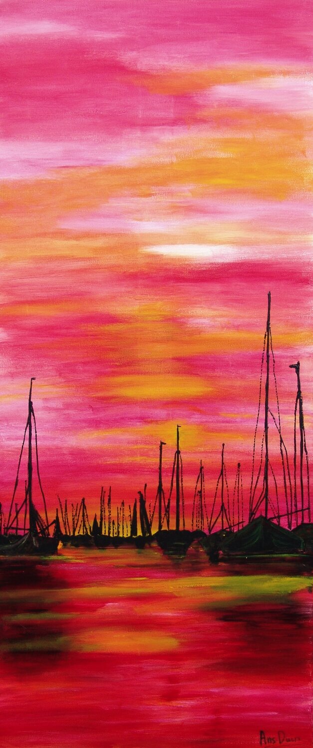 Ships in the eveninglight./ lowered price ! Ans Duin Origineel schilderij te koop