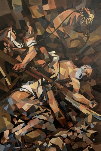 CROCIFISSIONE DI SAN PIETRO (CARAVAGGIO) in chiave cubista by Roberto Re, 회화 for Sale on Singulart