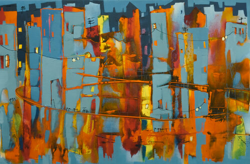 Hinter den Fenstern der Stadt di Conny Niehoff, Pittura in vendita su Singulart