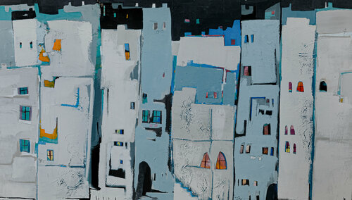 Hinter den Fenstern der Stadt di Conny Niehoff, Pittura in vendita su Singulart