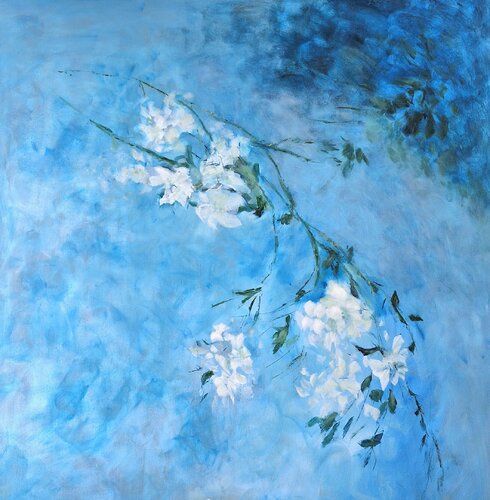 'White Flowers in Blue' van Aase Lind, Schilderij te koop op Singulart