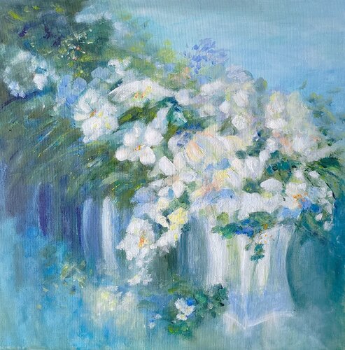 Flowers in Blue & White no 2 par Aase Lind, Peinture en vente sur Singulart