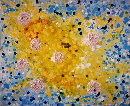 Objetos ... no identificados sobre fondo amarillo di JOAN PARRAMON, Pittura in vendita su Singulart
