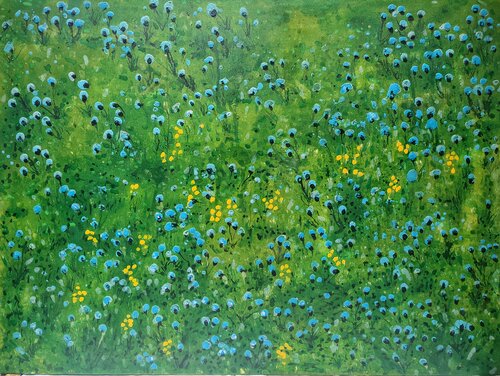 Azules  sobre Verdes. Flores by JOAN PARRAMON, Painting for Sale on Singulart