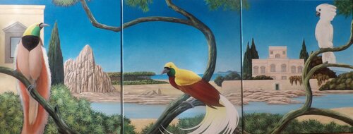 Piccolo trittico degli uccelli del paradiso e del cacatua by Cecco Mariniello, Painting for Sale on Singulart