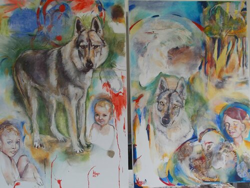 " The wolf ", Diptychon, 1," When I married on the Campedoglio in a red dress"2. " Little red Riding Hood" van Anette Vargas, Schilderij te koop op Singulart