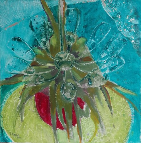 Interior with lamp and plant di Anette Vargas, Pittura in vendita su Singulart