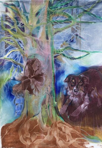 Happy woman with her life tree and guard van Anette Vargas, Schilderij te koop op Singulart
