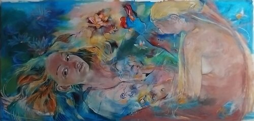 Girl sitting on a rock, observing a mermaid van Anette Vargas, Schilderij te koop op Singulart