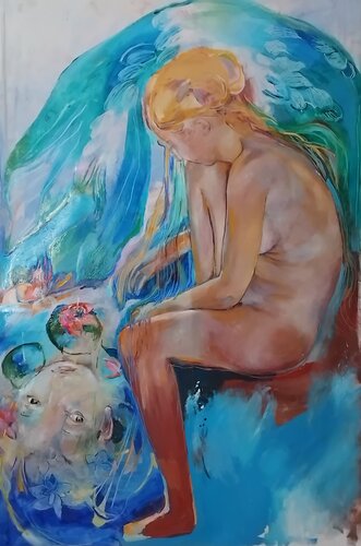 Girl observing a mermaid van Anette Vargas, Schilderij te koop op Singulart