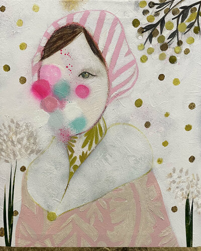 Woman with pink dots and a hat van Karenina Fabrizzi, Schilderij te koop op Singulart