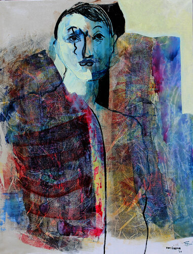 harlequin in a striped shirt par André François van Vuuren, Peinture en vente sur Singulart