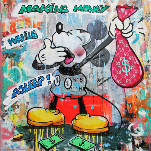 Mickey Making Money Asleep di Kristin Kossi, Pittura in vendita su Singulart