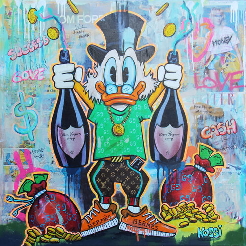 Scrooge McDuck Champagne and Cash di Kristin Kossi, Pittura in vendita su Singulart