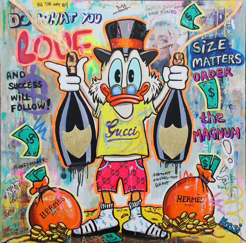 Scrooge McDuck Magnums and Money Bags by Kristin Kossi, Painting for Sale on Singulart