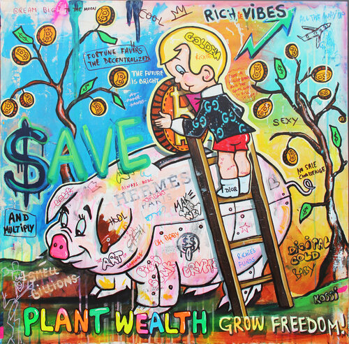 Richie Piggy Bank di Kristin Kossi, Pittura in vendita su Singulart