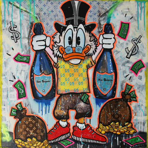 Scrooge Champagne Money van Kristin Kossi, Schilderij te koop op Singulart