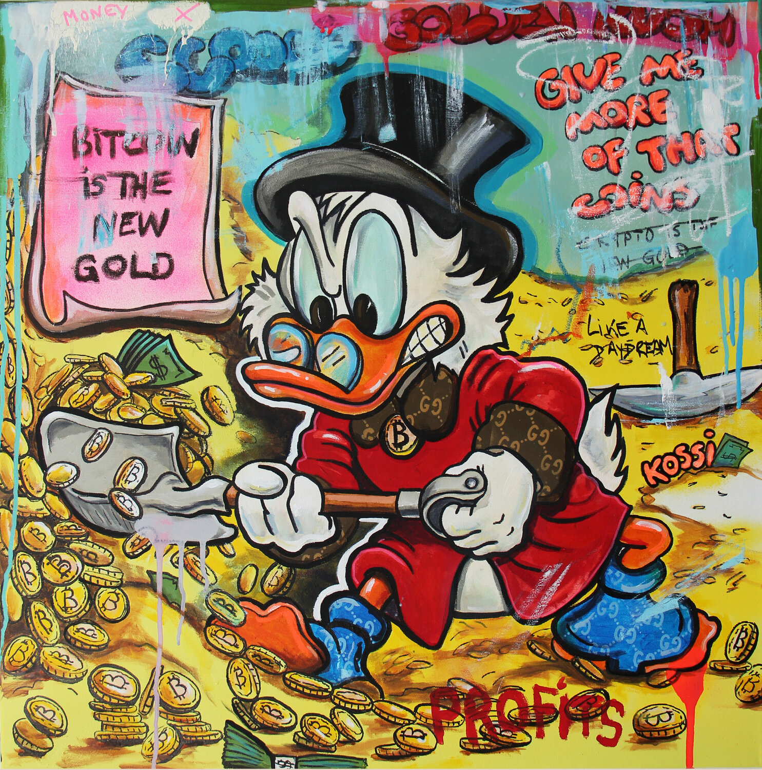 Scrooge Bitcoin Rush von Kristin Kossi (2021): Malerei Acryl, Graffiti auf  Leinwand - Singulart