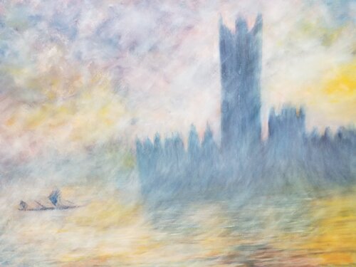 Homage to Claude Monet's "Houses of Parliament" series par Atom Hovhanesyan, Peinture en vente sur Singulart