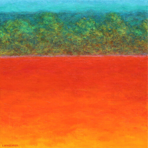 Champ rouge devant la forêt di Eric Winzenried, Pittura in vendita su Singulart
