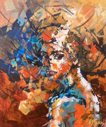 Abstract woman with skarf di Ellen Siliakus, Pittura in vendita su Singulart