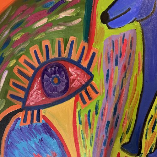 Detail of all seeing eye in Blue Dog Painting by Peter Locascio, Painting for Sale on Singulart