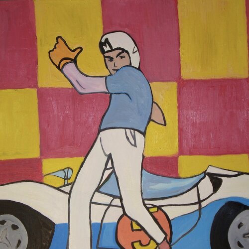 Closeup of Speed Racer in Front of his Car van Peter Locascio, Schilderij te koop op Singulart